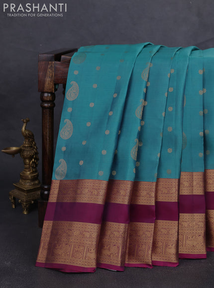 Kanchipuram silk saree green shade and wine shade with allover zari woven buttas and long rettapet zari woven border