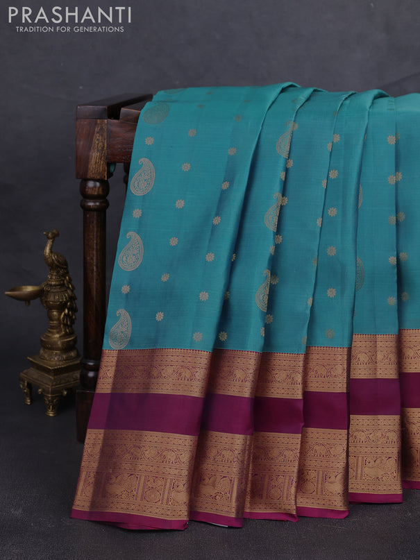 Kanchipuram silk saree green shade and wine shade with allover zari woven buttas and long rettapet zari woven border