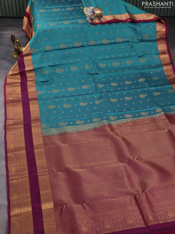 Kanchipuram silk saree green shade and wine shade with allover zari woven buttas and long rettapet zari woven border