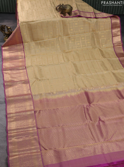 Kanchipuram silk saree cream and dual shade of pink with allover zari checks & buttas and long zari woven border
