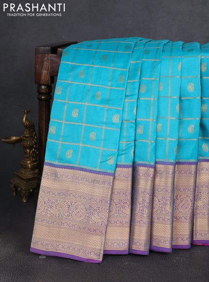 Kanchipuram silk saree cs blue and purple with allover zari checks & buttas and long zari woven border