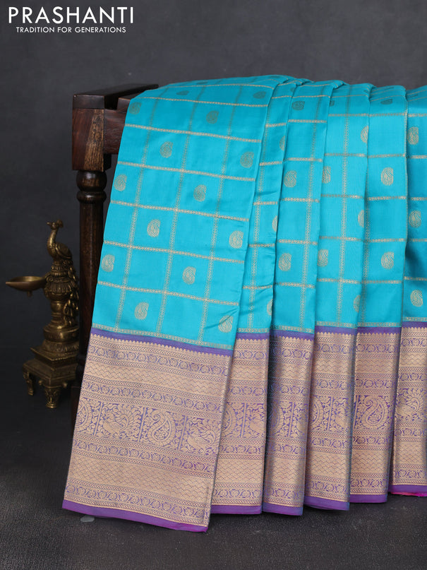 Kanchipuram silk saree cs blue and purple with allover zari checks & buttas and long zari woven border