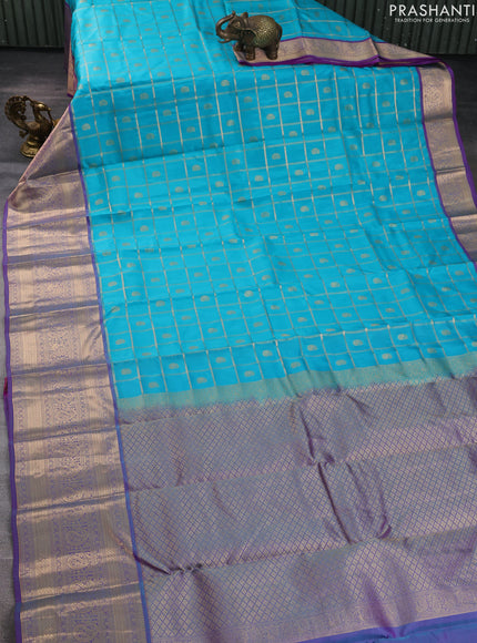 Kanchipuram silk saree cs blue and purple with allover zari checks & buttas and long zari woven border