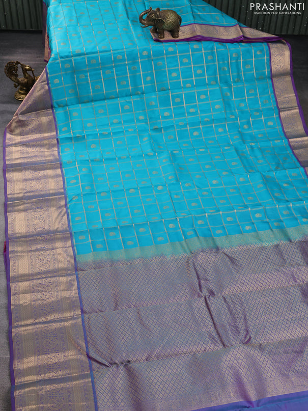 Kanchipuram silk saree cs blue and purple with allover zari checks & buttas and long zari woven border
