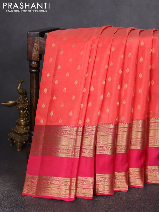Kanchipuram silk saree orange and pink with allover zari woven buttas and long rettapet zari woven border