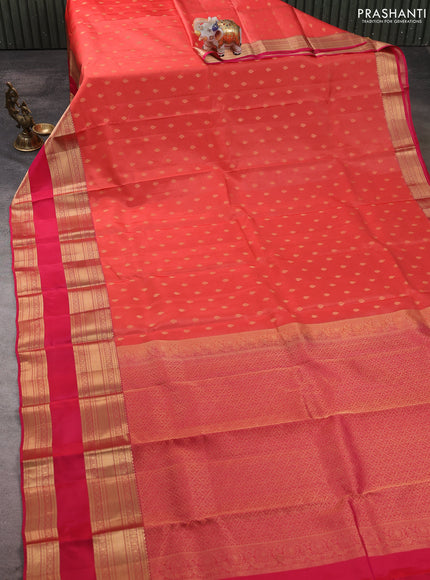 Kanchipuram silk saree orange and pink with allover zari woven buttas and long rettapet zari woven border