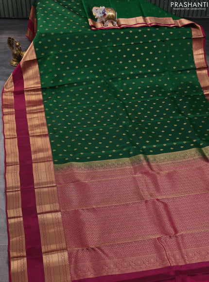 Kanchipuram silk saree green and wine shade with allover zari woven buttas and long rettapet zari woven border