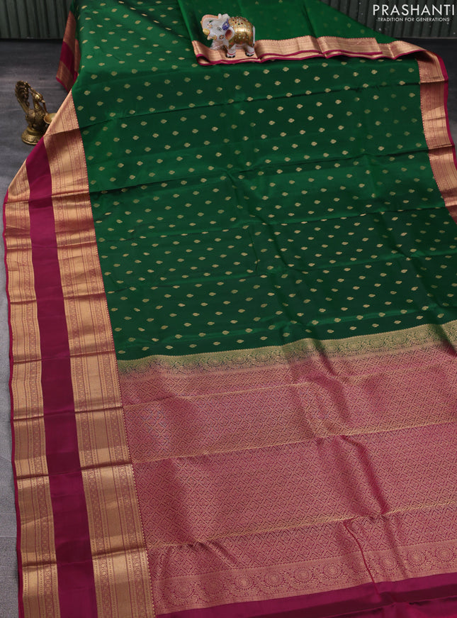 Kanchipuram silk saree green and wine shade with allover zari woven buttas and long rettapet zari woven border