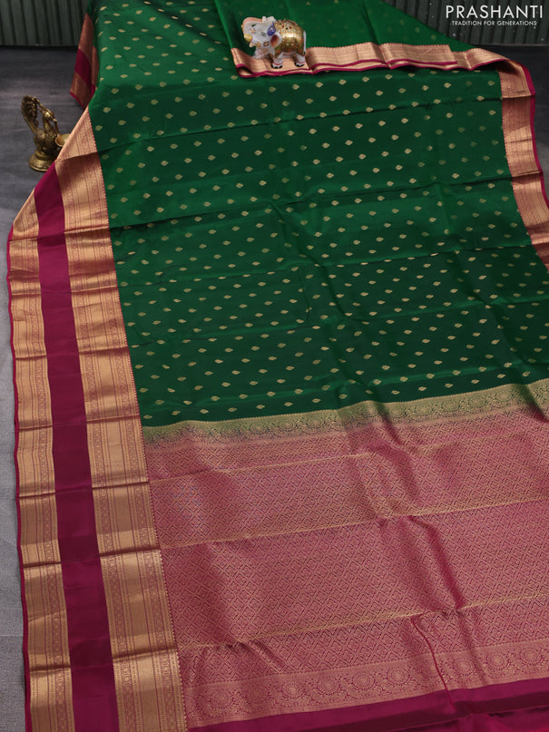 Kanchipuram silk saree green and wine shade with allover zari woven buttas and long rettapet zari woven border