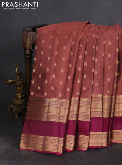 Kanchipuram silk saree pastel maroon and wine shade with allover zari woven buttas and long rettapet zari woven border