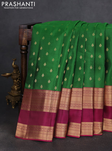 Kanchipuram silk saree green and wine shade with allover zari woven buttas and long rettapet zari woven border