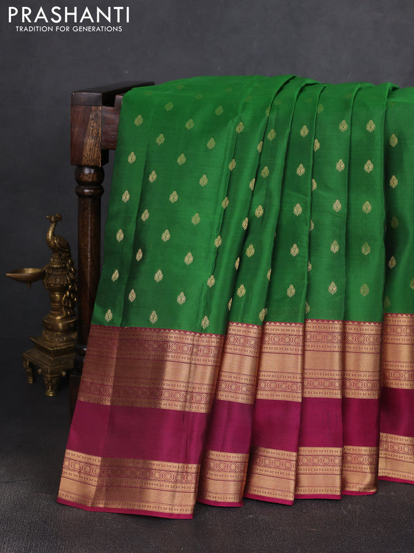 Kanchipuram silk saree green and wine shade with allover zari woven buttas and long rettapet zari woven border