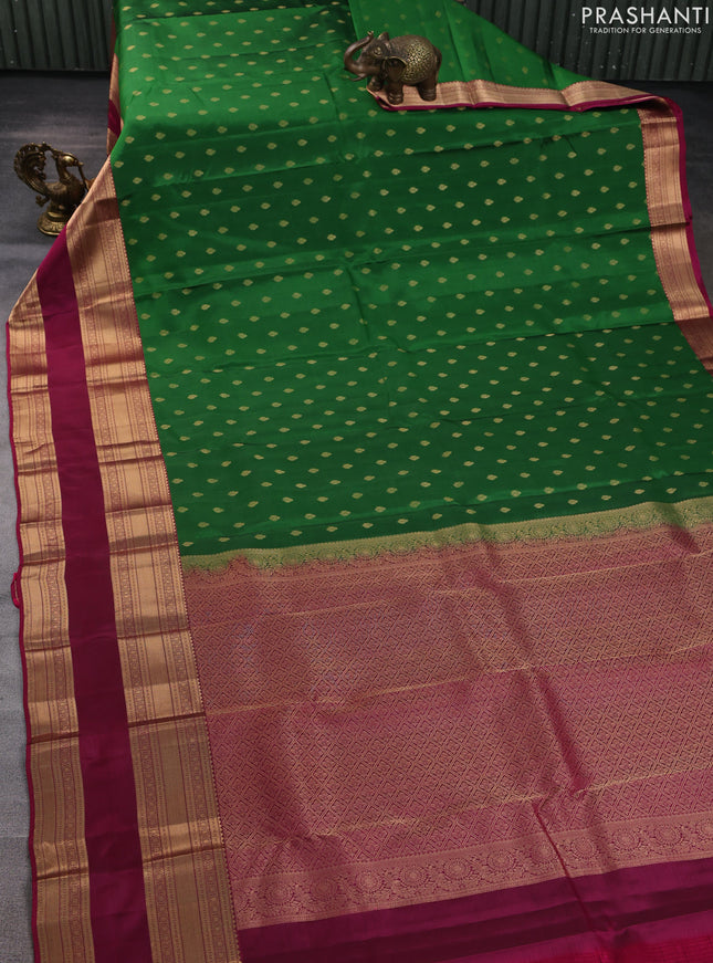 Kanchipuram silk saree green and wine shade with allover zari woven buttas and long rettapet zari woven border