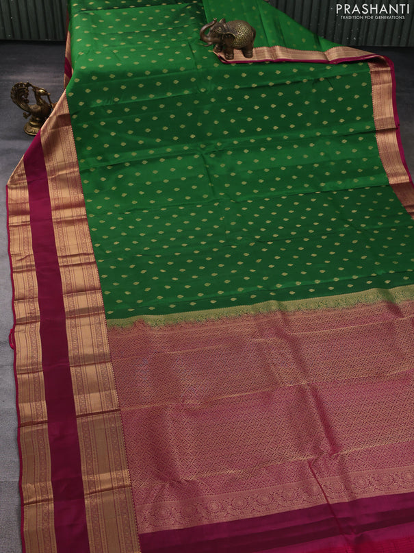 Kanchipuram silk saree green and wine shade with allover zari woven buttas and long rettapet zari woven border