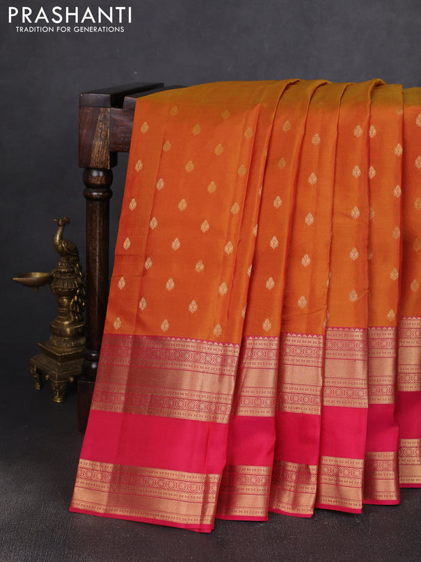 Kanchipuram silk saree sunset orange and pink with allover zari woven buttas and long rettapet zari woven border