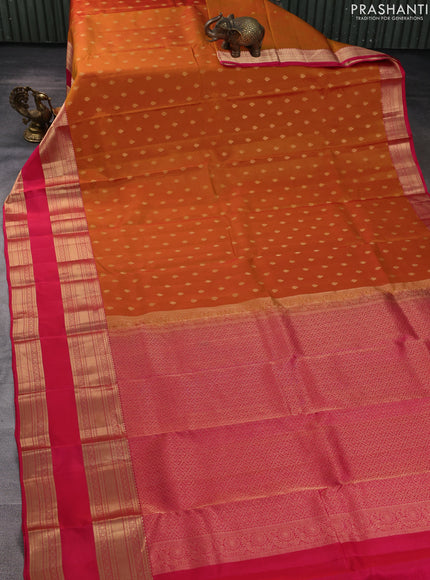 Kanchipuram silk saree sunset orange and pink with allover zari woven buttas and long rettapet zari woven border
