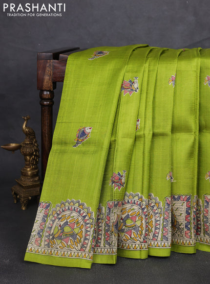 Madhubani printed silk saree light green and beige with butta prints and madhubani printed border