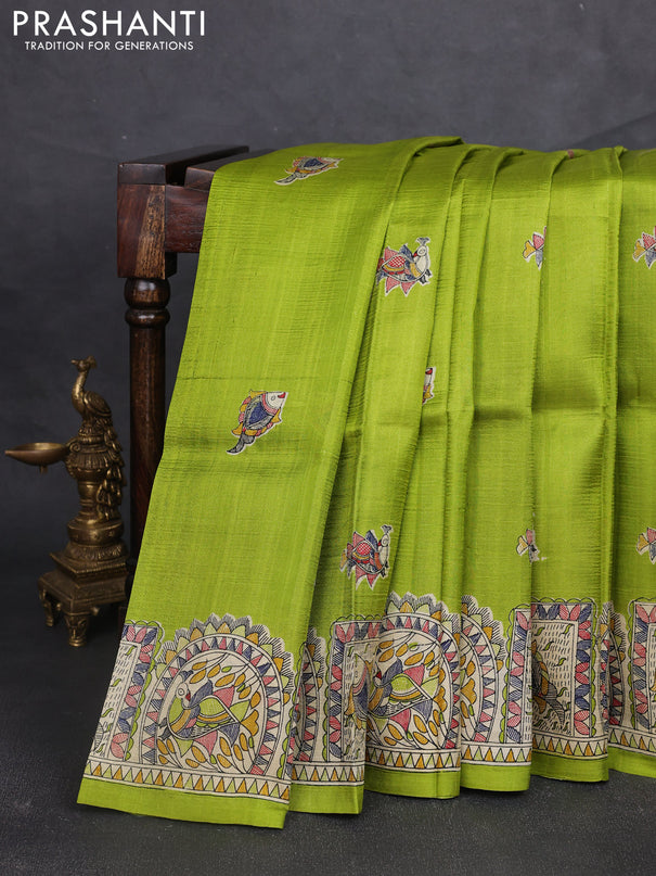 Madhubani printed silk saree light green and beige with butta prints and madhubani printed border