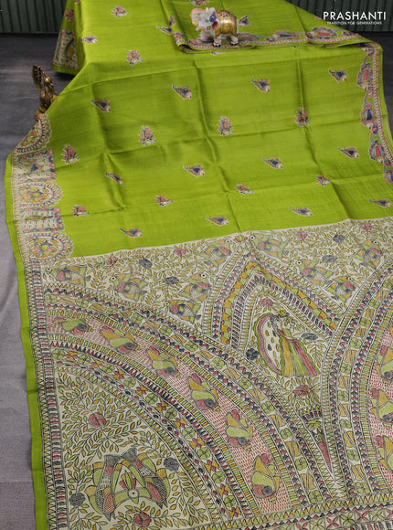 Madhubani printed silk saree light green and beige with butta prints and madhubani printed border
