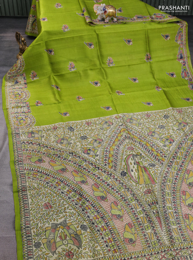 Madhubani printed silk saree light green and beige with butta prints and madhubani printed border