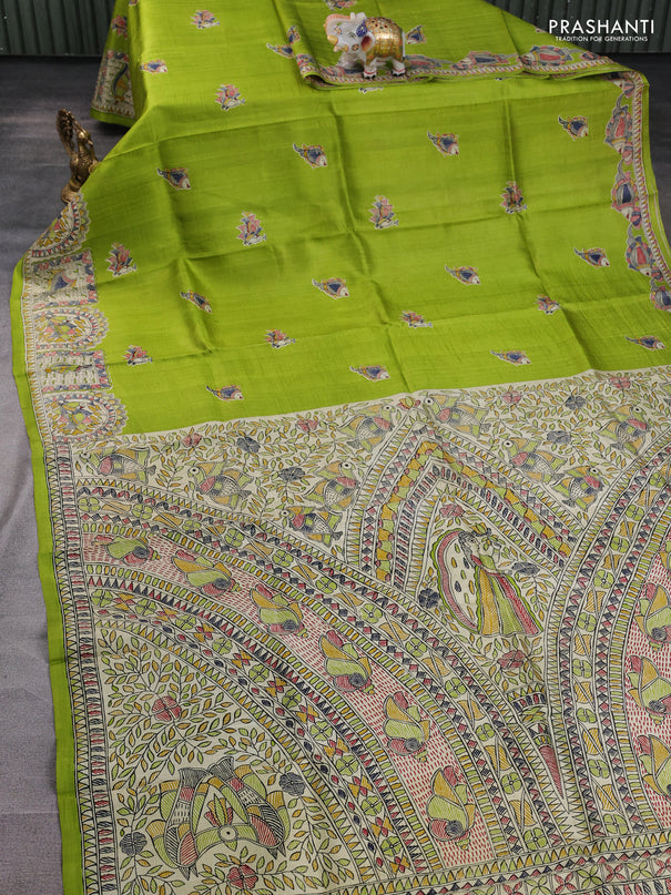 Madhubani printed silk saree light green and beige with butta prints and madhubani printed border