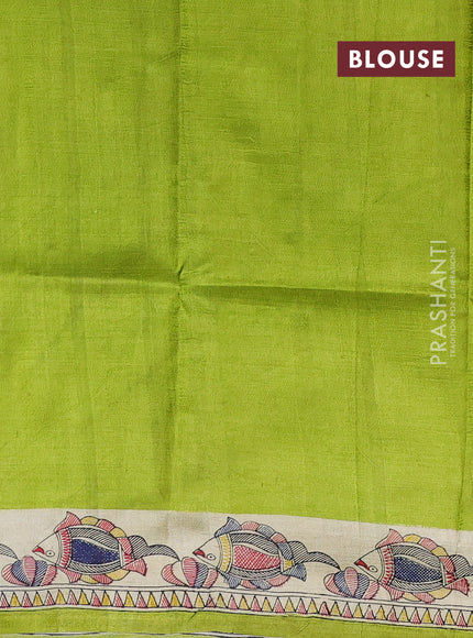 Madhubani printed silk saree light green and beige with butta prints and madhubani printed border