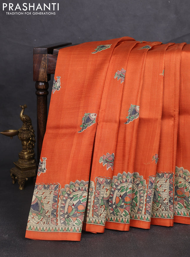Madhubani printed silk saree orange and beige with butta prints and madhubani printed border