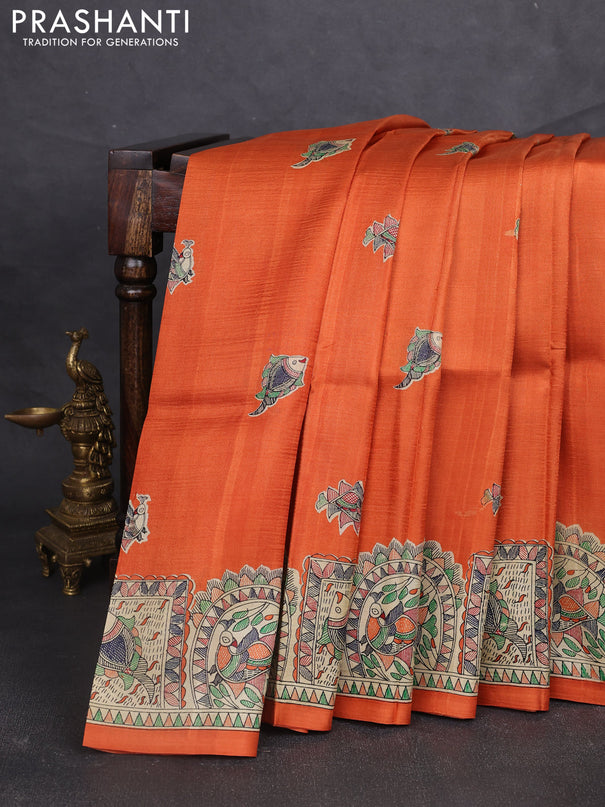Madhubani printed silk saree orange and beige with butta prints and madhubani printed border