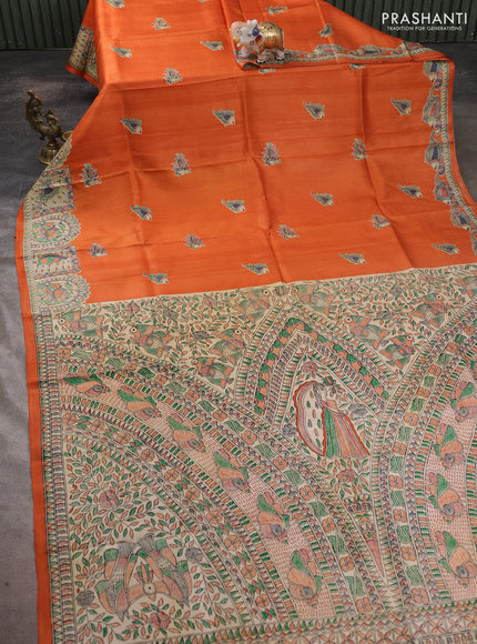Madhubani printed silk saree orange and beige with butta prints and madhubani printed border
