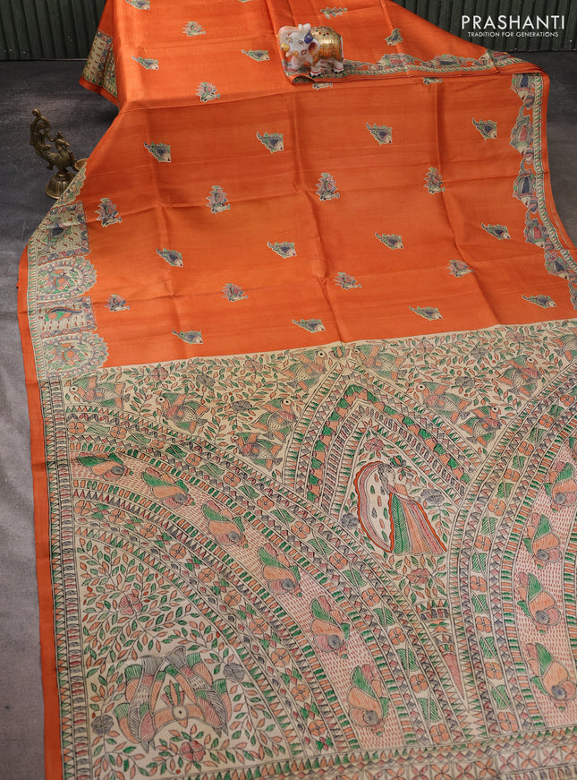 Madhubani printed silk saree orange and beige with butta prints and madhubani printed border