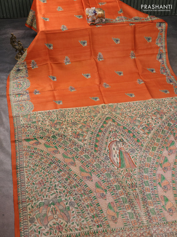 Madhubani printed silk saree orange and beige with butta prints and madhubani printed border