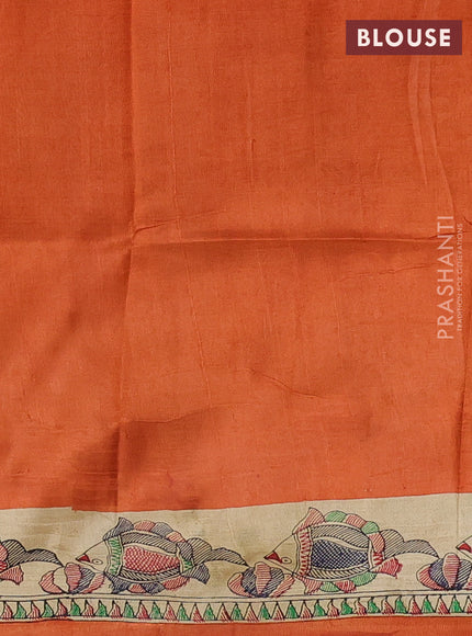 Madhubani printed silk saree orange and beige with butta prints and madhubani printed border
