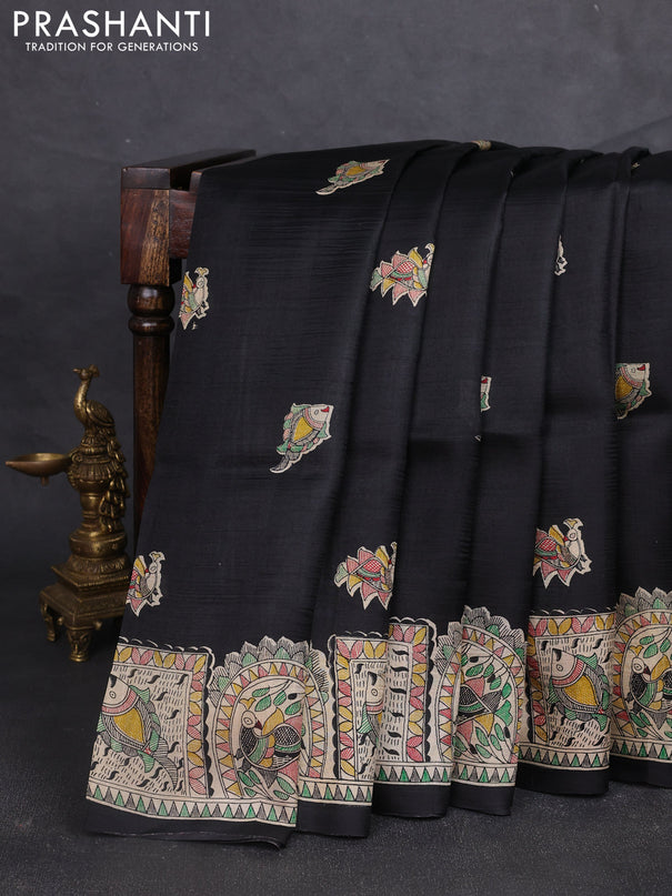 Madhubani printed silk saree black and beige with butta prints and madhubani printed border