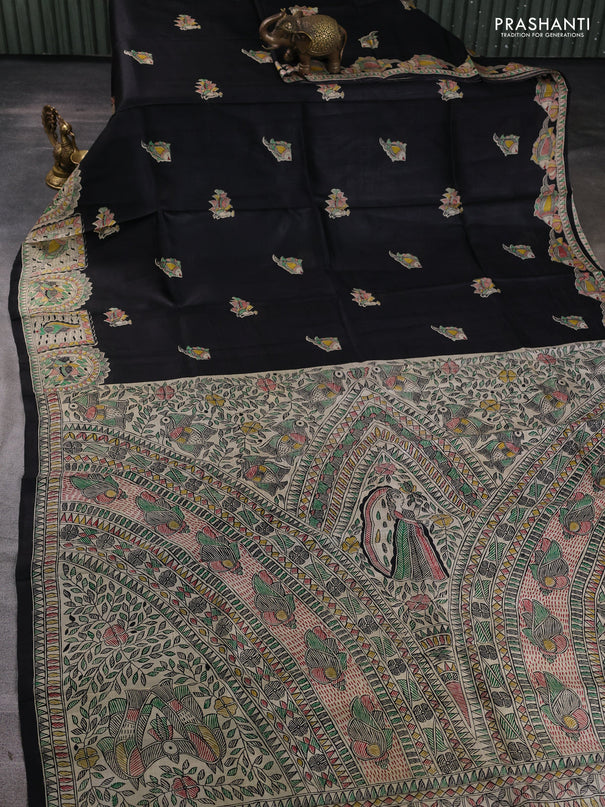 Madhubani printed silk saree black and beige with butta prints and madhubani printed border