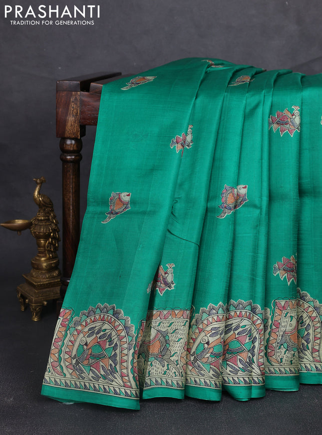 Madhubani printed silk saree teal green and beige with butta prints and madhubani printed border