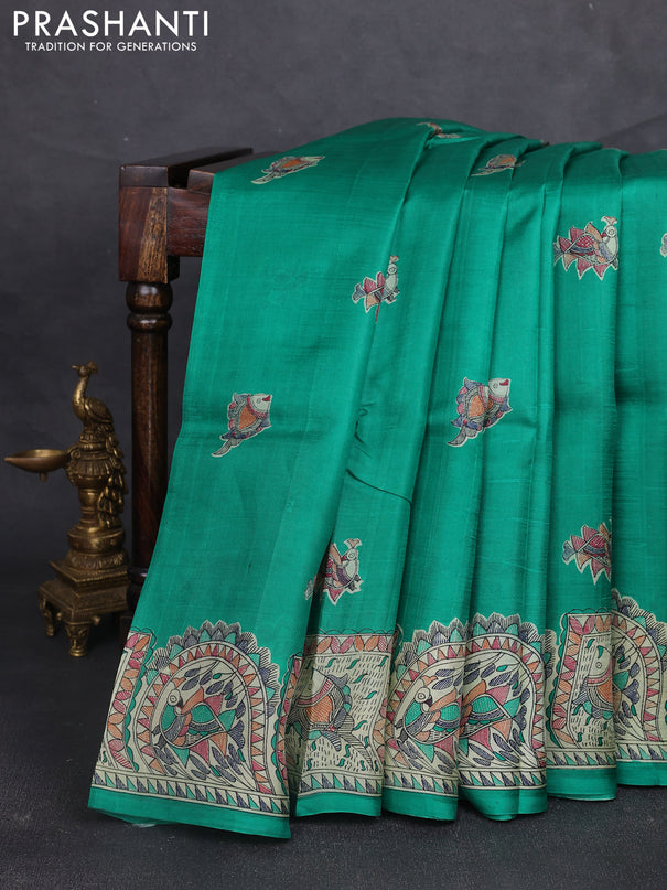 Madhubani printed silk saree teal green and beige with butta prints and madhubani printed border