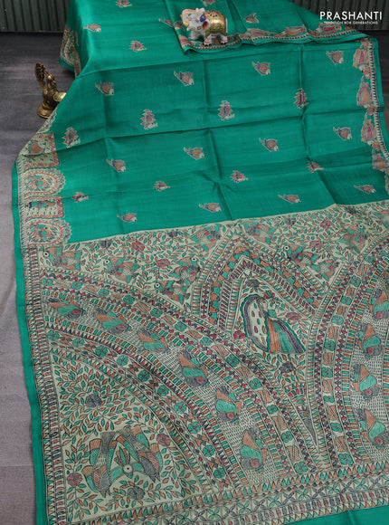 Madhubani printed silk saree teal green and beige with butta prints and madhubani printed border