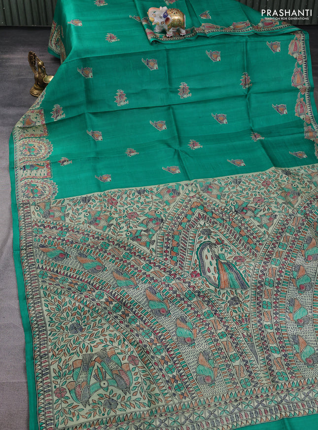 Madhubani printed silk saree teal green and beige with butta prints and madhubani printed border