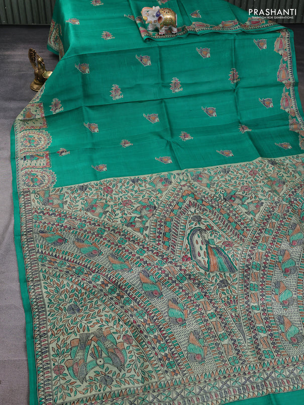 Madhubani printed silk saree teal green and beige with butta prints and madhubani printed border
