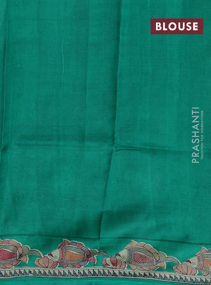 Madhubani printed silk saree teal green and beige with butta prints and madhubani printed border