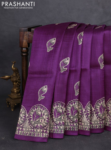 Madhubani printed silk saree purple and beige with butta prints and madhubani printed border