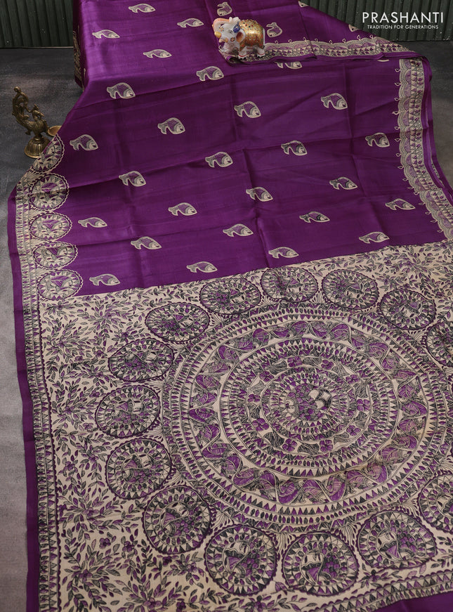 Madhubani printed silk saree purple and beige with butta prints and madhubani printed border
