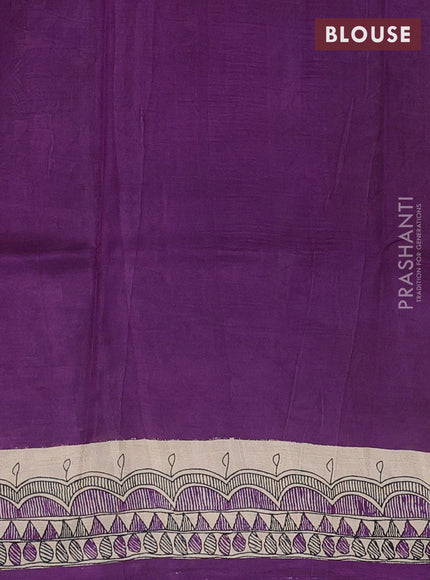 Madhubani printed silk saree purple and beige with butta prints and madhubani printed border