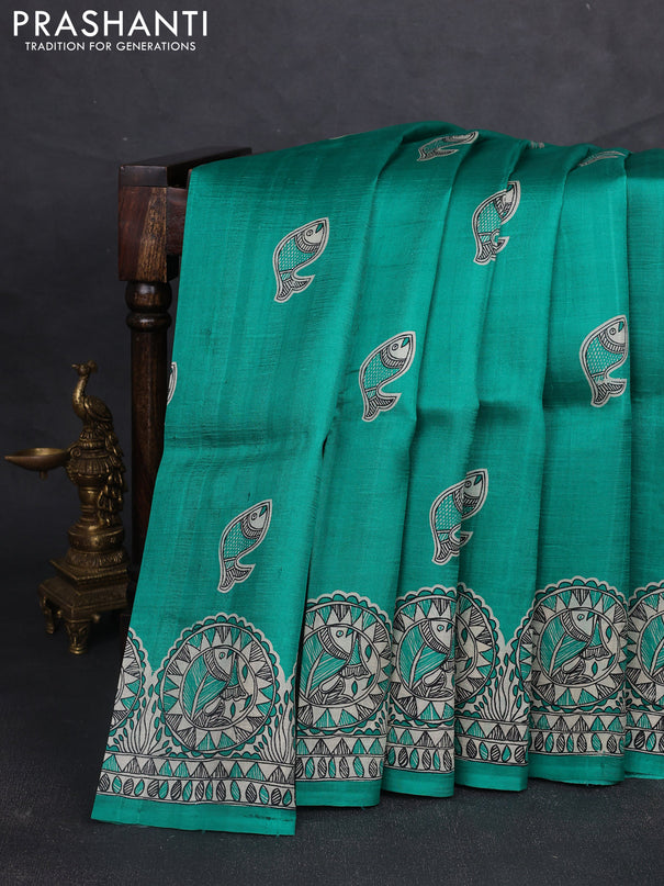 Madhubani printed silk saree teal green and beige with butta prints and madhubani printed border