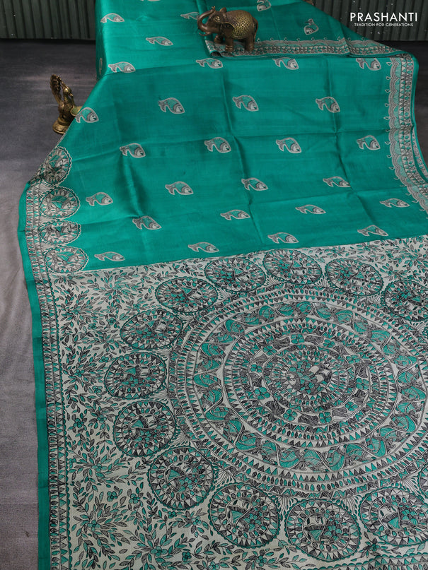 Madhubani printed silk saree teal green and beige with butta prints and madhubani printed border