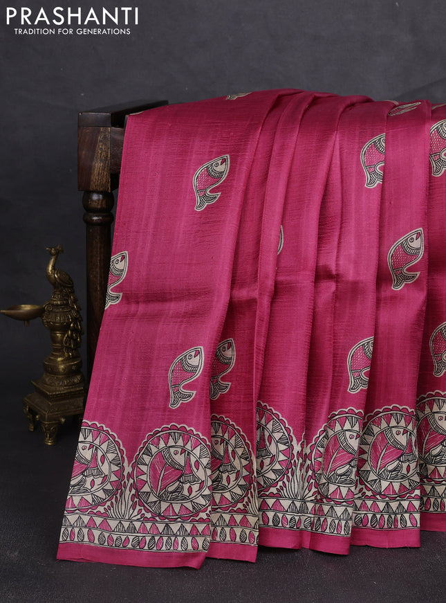 Madhubani printed silk saree dark pink and beige with butta prints and madhubani printed border
