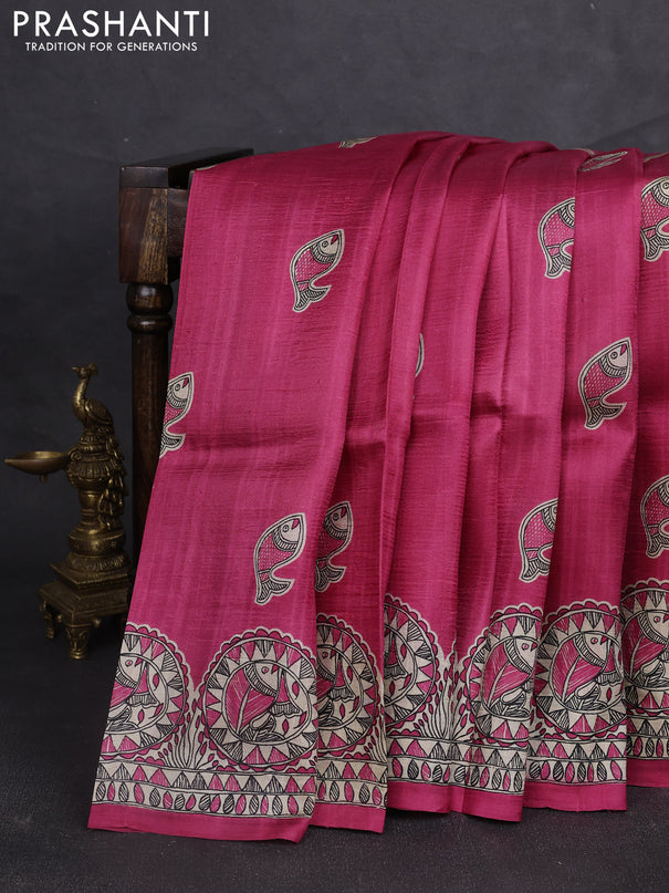Madhubani printed silk saree dark pink and beige with butta prints and madhubani printed border