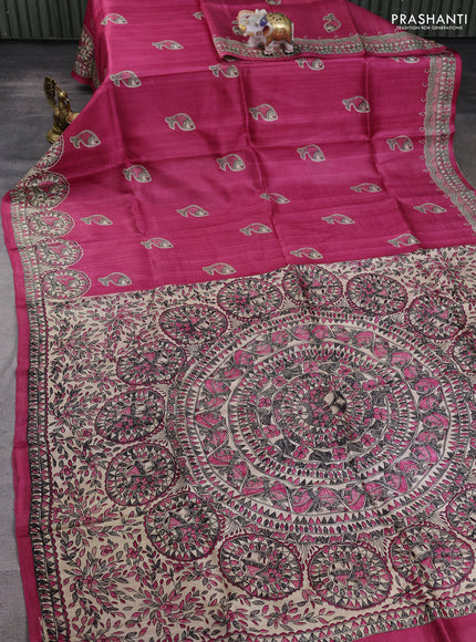 Madhubani printed silk saree dark pink and beige with butta prints and madhubani printed border