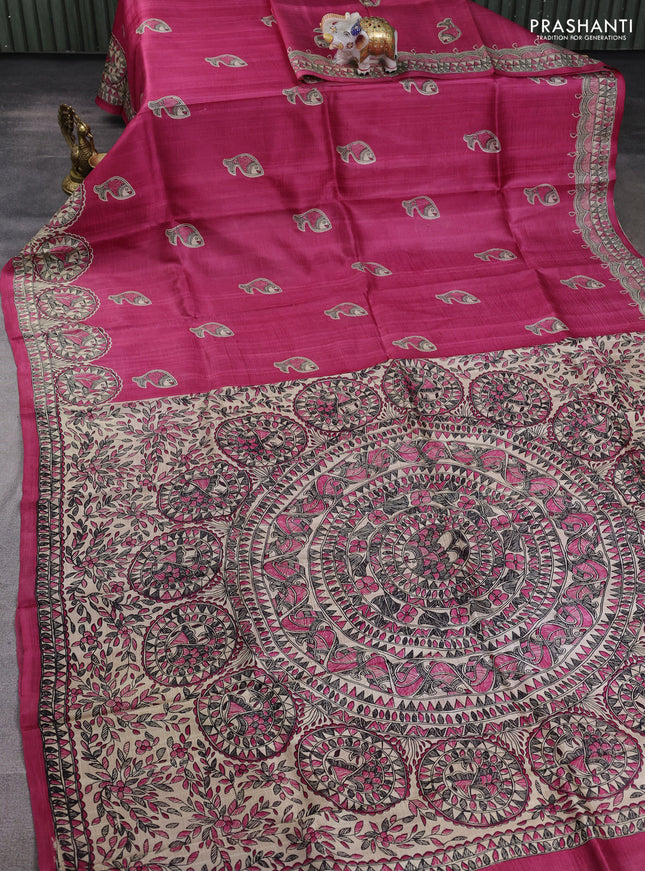 Madhubani printed silk saree dark pink and beige with butta prints and madhubani printed border