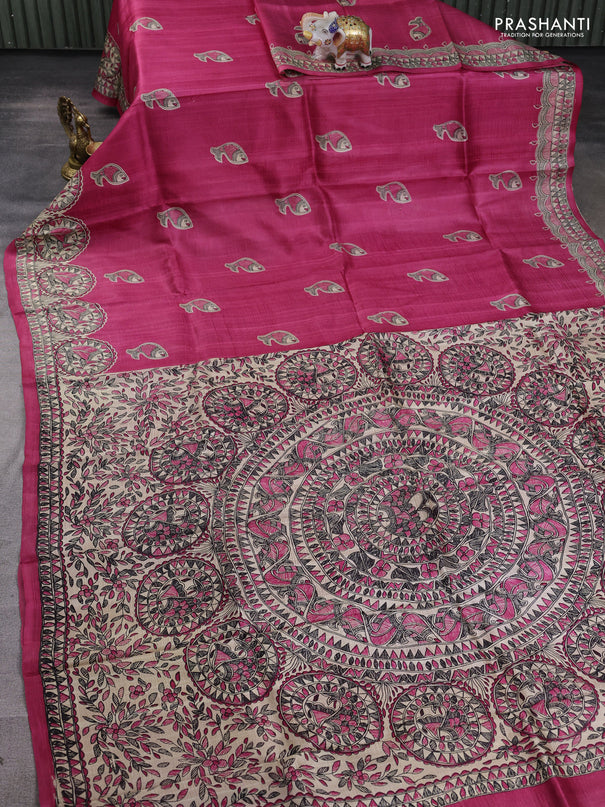 Madhubani printed silk saree dark pink and beige with butta prints and madhubani printed border